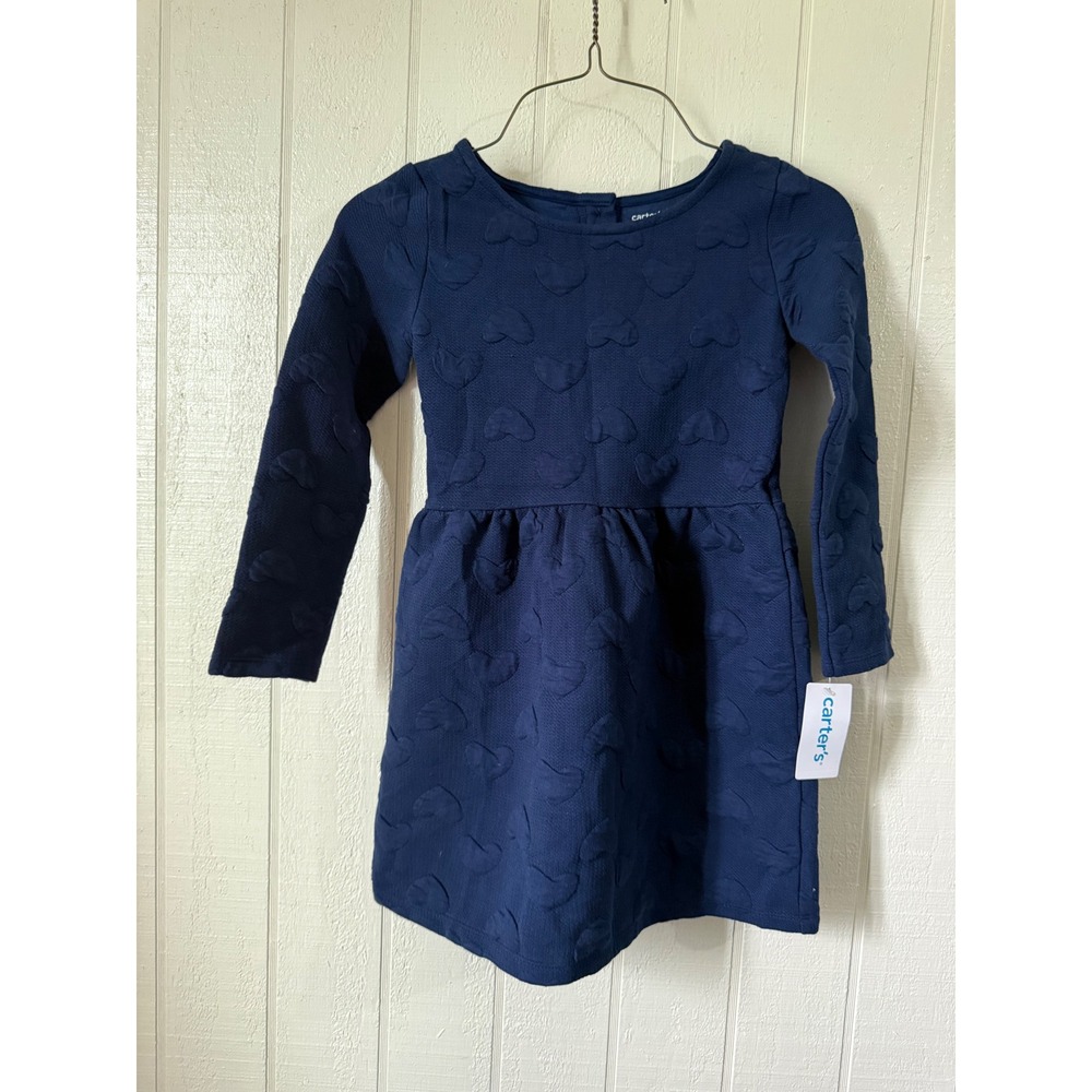 Carters Girls 5T Navy Blue Heart Embossed Long Sleeve Quilted Dress 2K118110